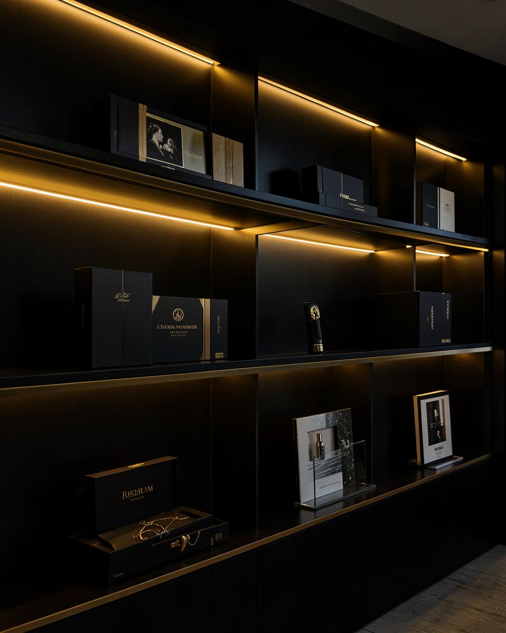 Luxury e-commerce product showroom with gold lighting