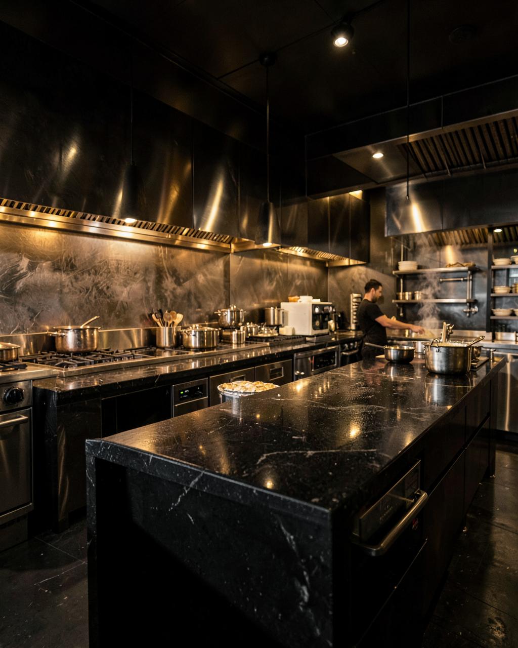 Professional food brand kitchen with elegant dark finishes