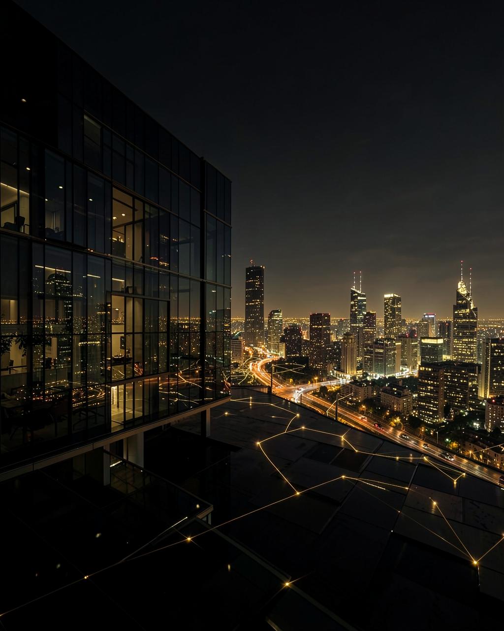 Global business network overlooking a city skyline