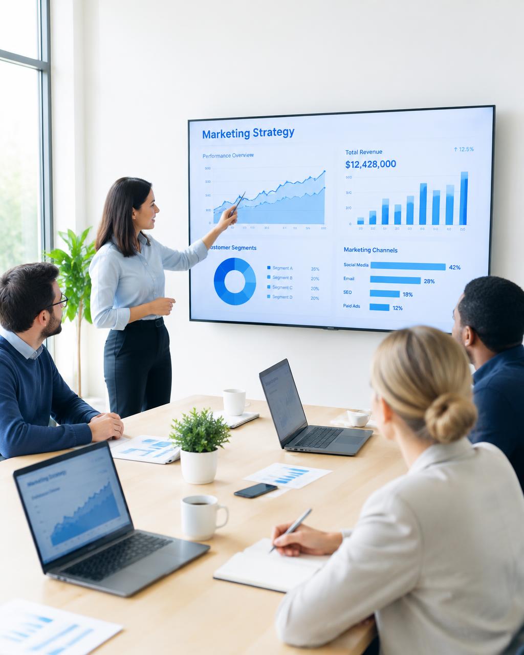 Marketing team reviewing performance analytics
