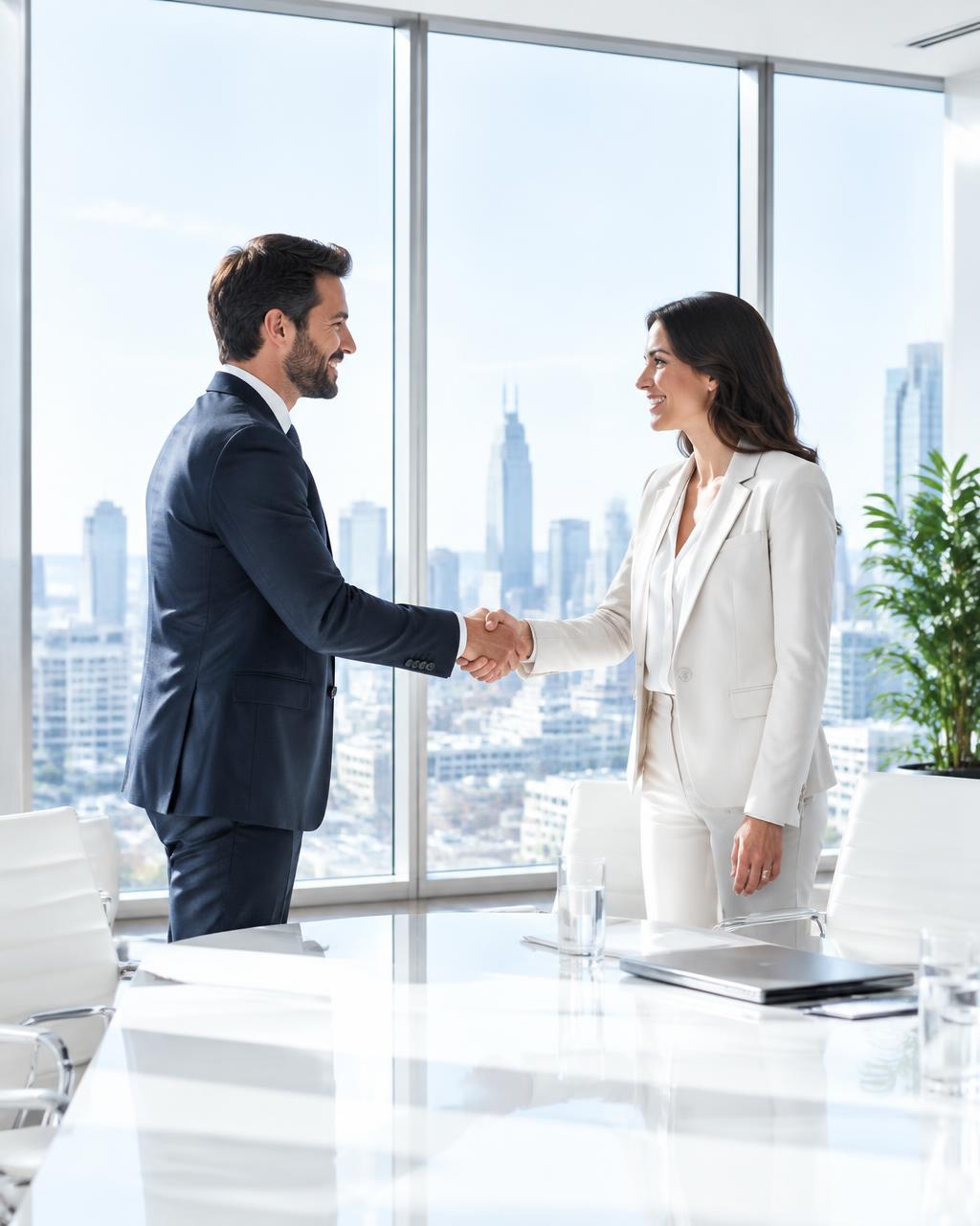 Business leaders shaking hands in a bright boardroom